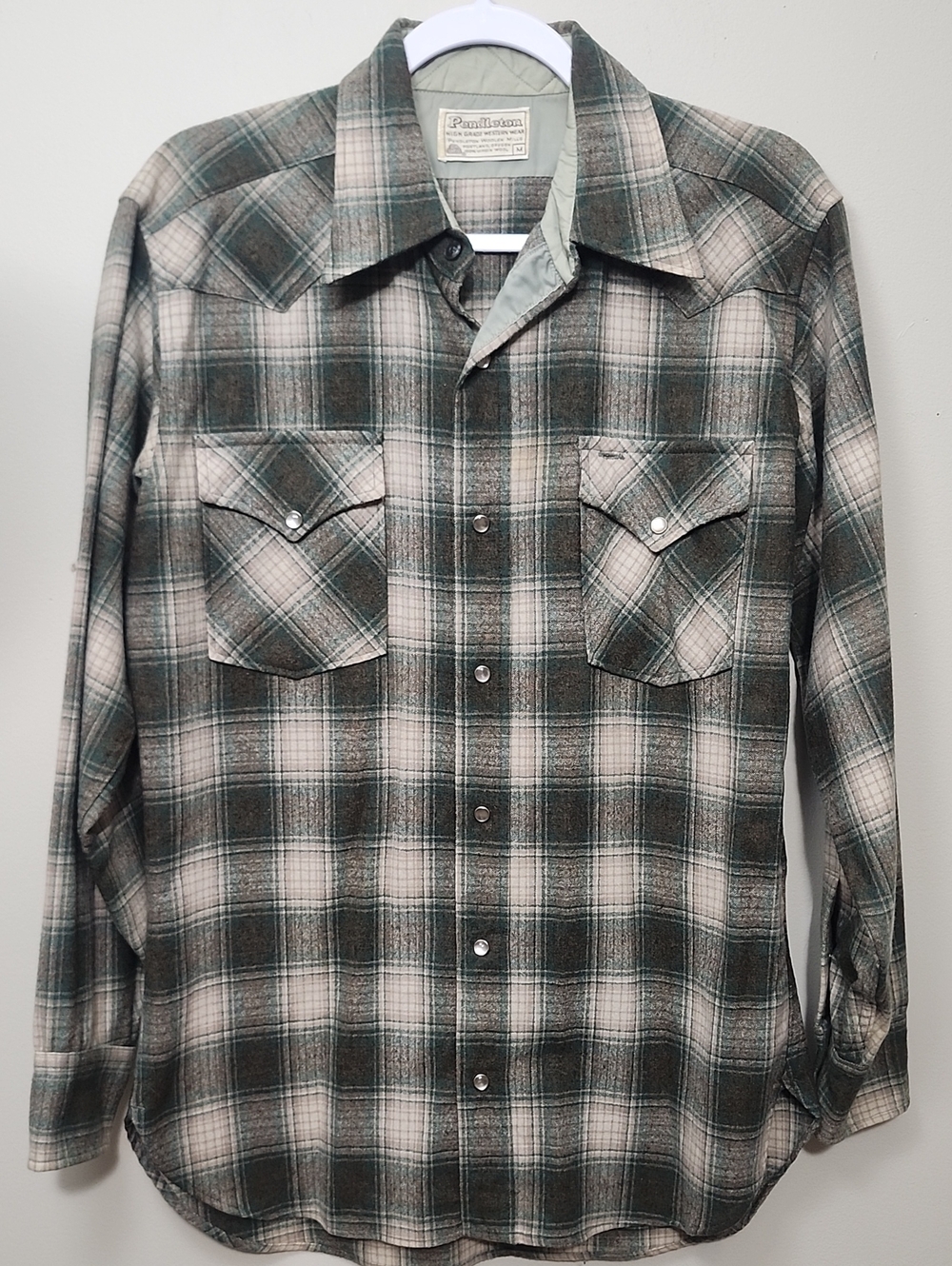 VTG Pendleton High Grade Western Wear Wool Pearl Snap Plaid Forest Green 70s 80s